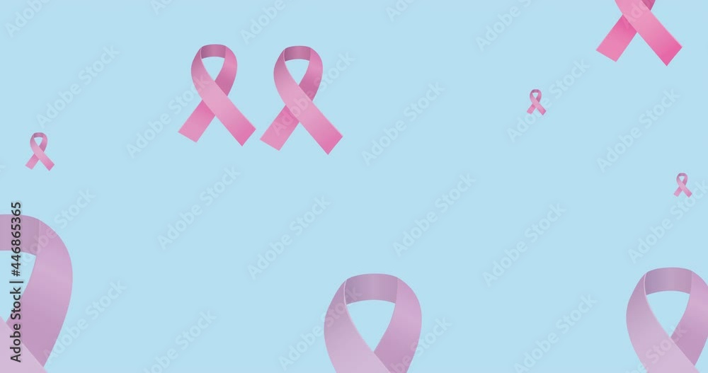 Animation of flying pink ribbon logo on blue background