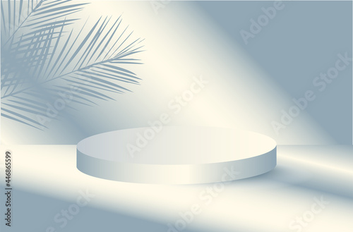 Blue 3d vector stage background for products. Cylinder podium mockup display with sun light and leaves shadows. © Carla Nichiata