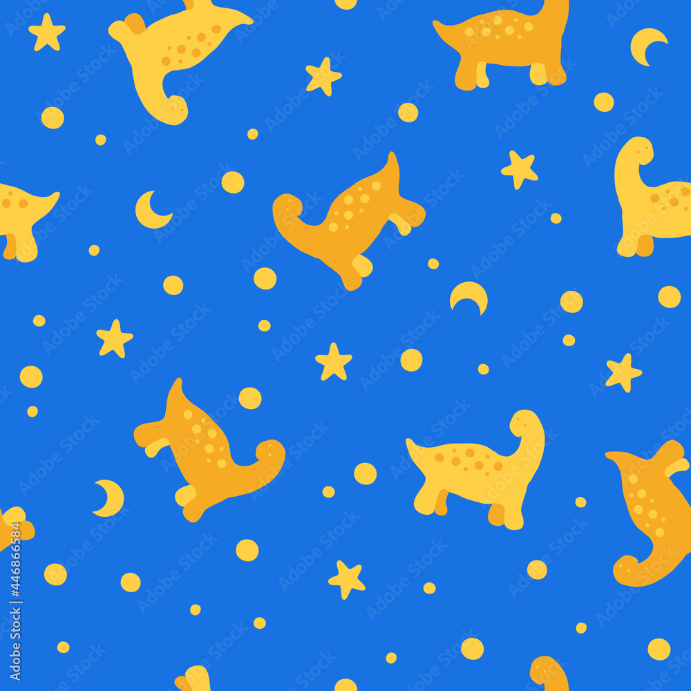 Hand drawn vector seamless pattern of yellow dinosaurs in the night sky. Perfect for scrapbooking, greeting card, poster, textile and prints. Doodle style illustration for decor and design.
