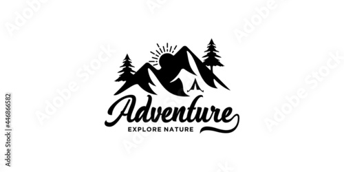 Mountain, adventure, cypress and Sun logo design inspiration for Adventure Traveling