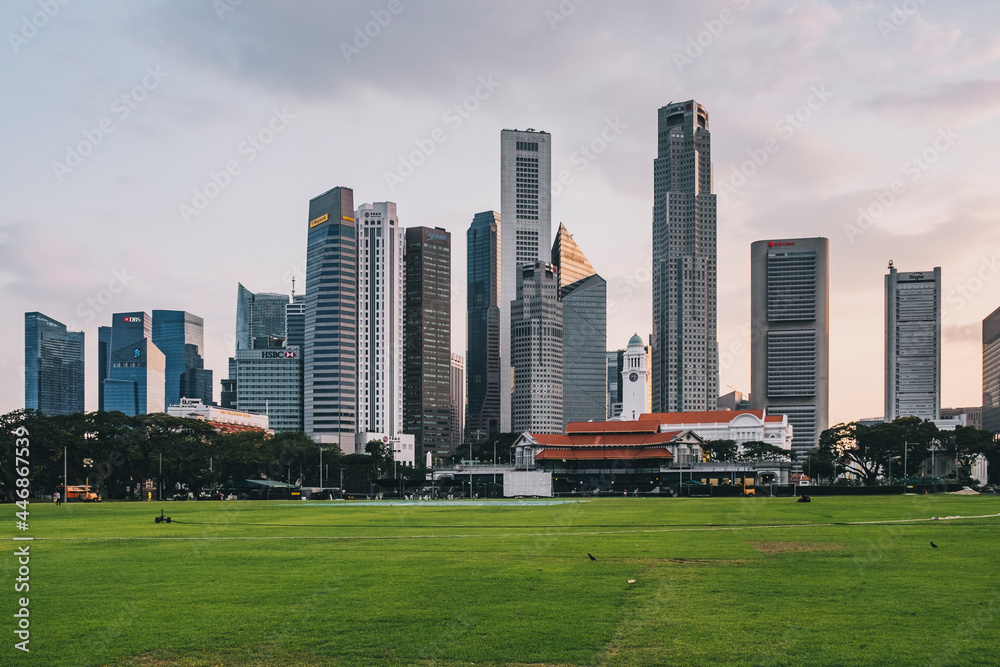 Fototapeta premium Padang playing green field with a low angle of the city skyline featuring financial district, Singapore.