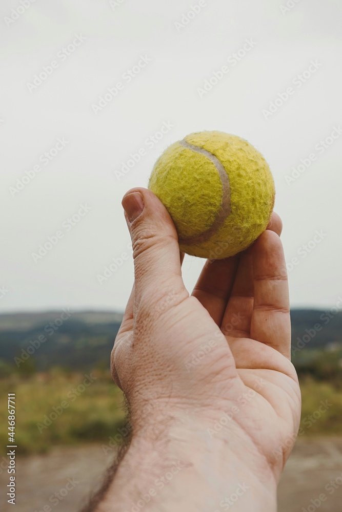hand with a yellow tennis ball