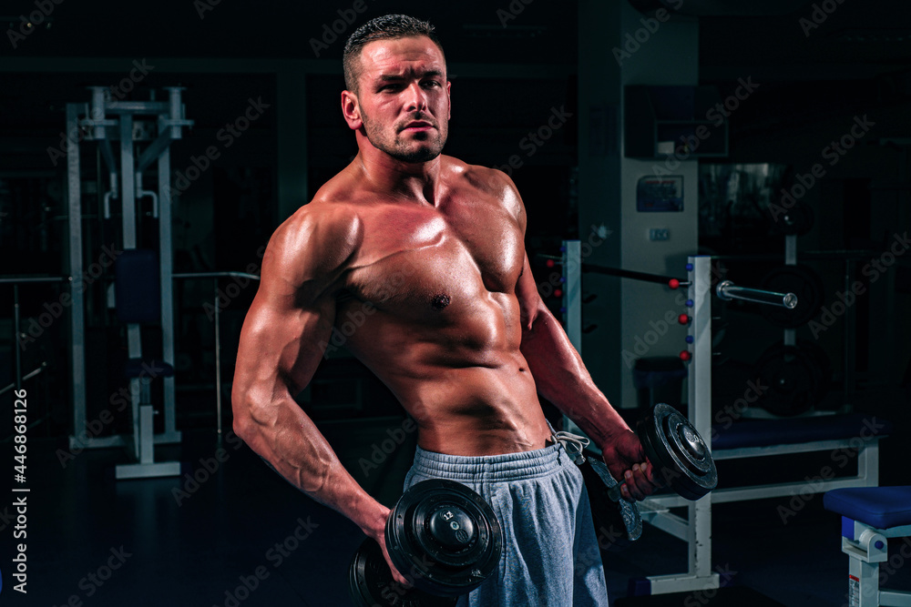 Sporty exercises. Dumbbells workouts. Male torso with six packs. Sportsman with naked body.
