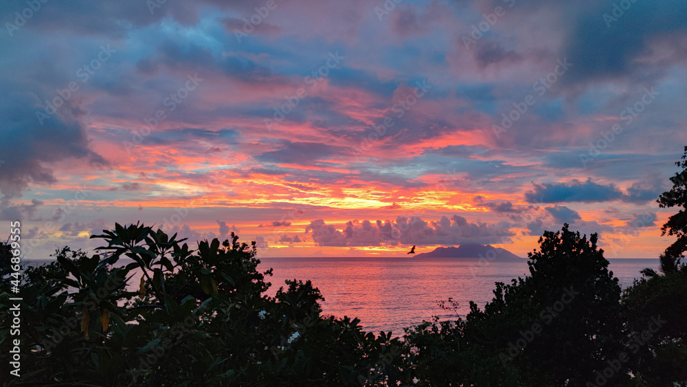 Beautiful pink purple orange sunset, Indian Ocean, Seychelles, Mahe