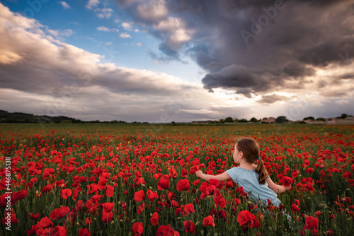 Girl picks poppies in field with sunset clouds in sky in France photo