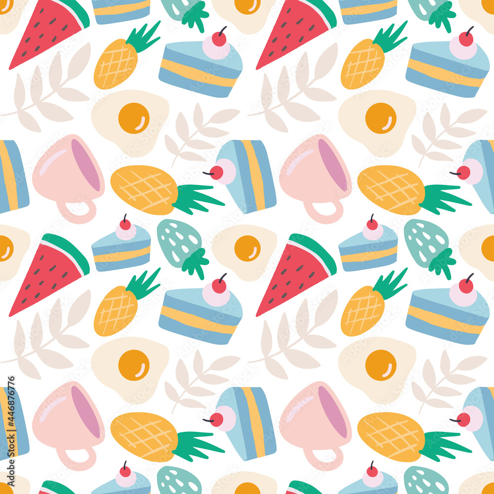 colorful seamless vector pattern with food and cup