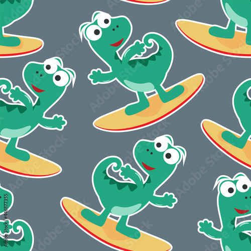 Surfing time with cute little dinosaurs at summer. Seamless pattern texture for fabric textile  nursery  baby clothes  background  textile  wrapping paper and other decoration.