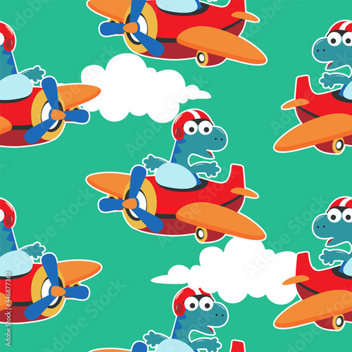 Seamless pattern texture with Cute dinosaurs flying in airplane, For fabric textile, nursery, baby clothes, background, textile, wrapping paper and other decoration. © Hijaznahwani
