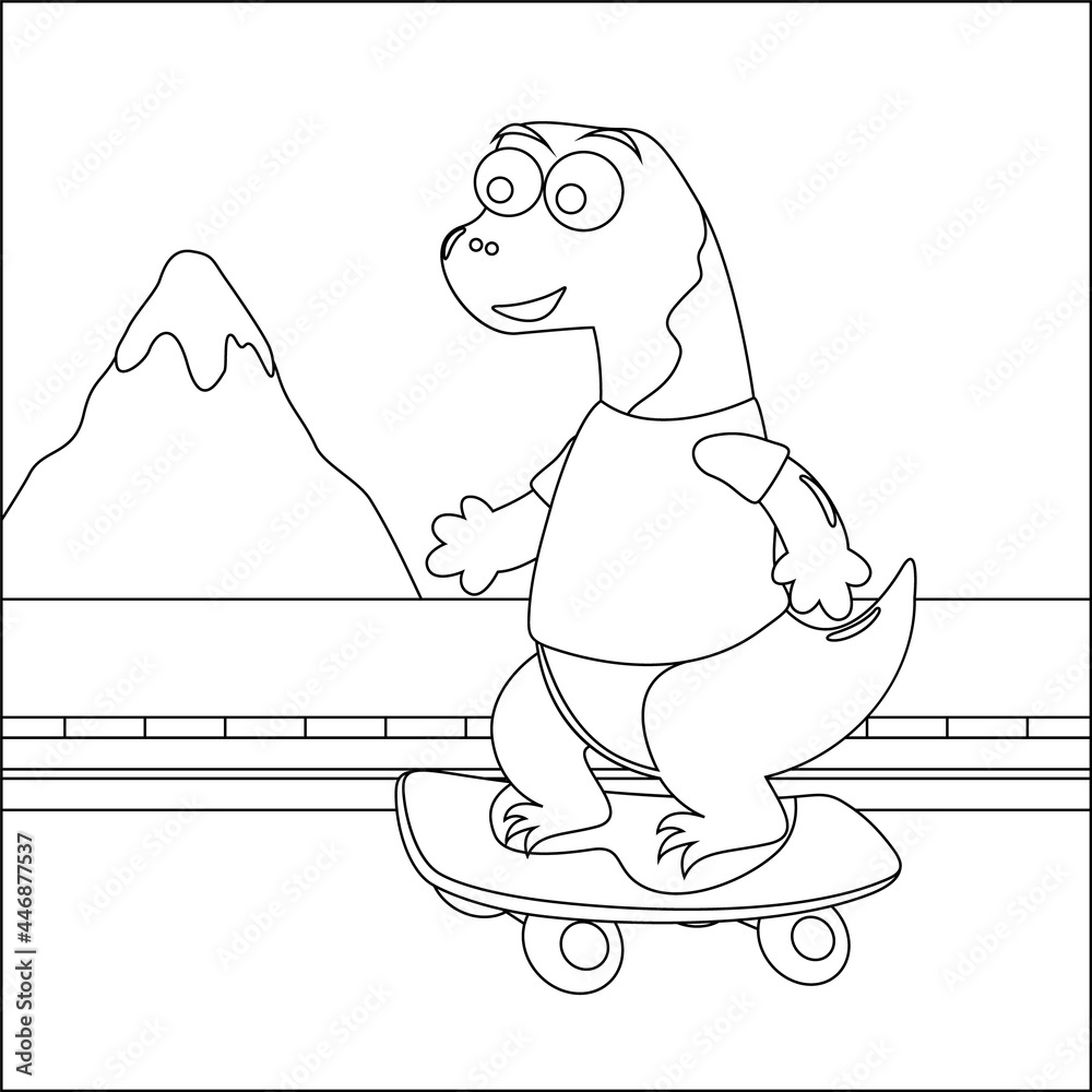 Obraz premium Vector illustration of cute dinosaurs on skate board. Cartoon isolated vector illustration, Creative vector Childish design for kids activity colouring book or page.