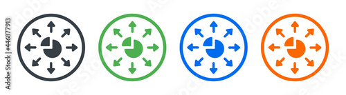Distribution vector icon. Money management concept. Pie chart with arrows for distribute shares symbol.