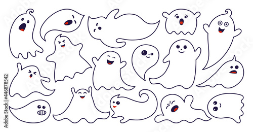 Ghost spook horror contour doodle set. Halloween apparition simple cute and scary ghostly monsters. Funny cutes pooky character design. Fly phantom spirit festive element. Party celebrate vector