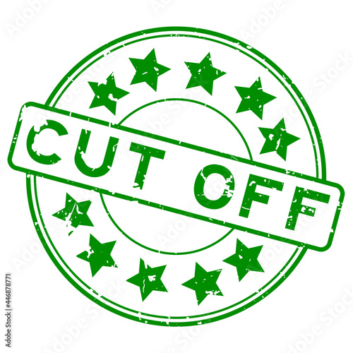 Grunge green cut off word with star icon round rubber seal stamp on white background