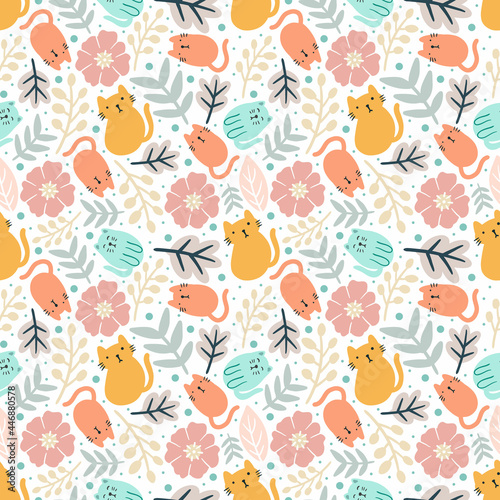 colorful seamless vector pattern with cute animals and leaf