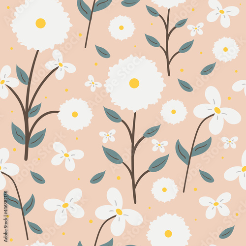 Seamless pattern with cute cartoon flowers and leaves for fabric print  textile  gift wrapping paper. colorful vector for textile  flat style