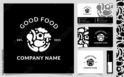 Good Food, monogram logo template with business card and seamless pattern elements