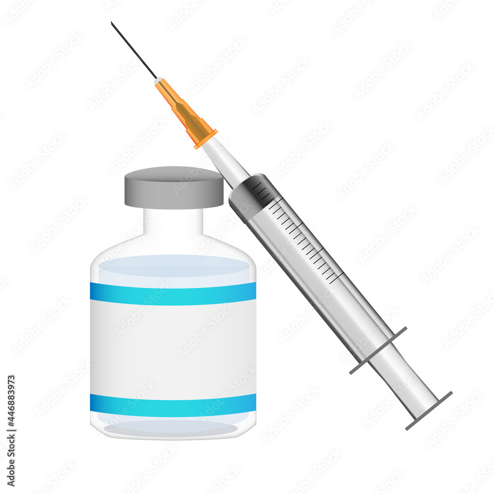 Vaccine vials and syringes are placed side by side. on isolated white background. Vaccine vials and syringes are placed side by side. on isolated white background.
