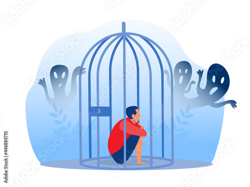 Depressed boy in prison with anxiety and scary fantasies feeling sorrow; fears; sadness vector illustration