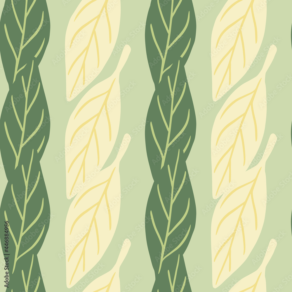 Summer style seamless pattern with white and green simple leaves ornament. Hand drawn natural elements.