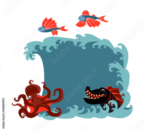 a set of sea creatures, monsters, flying fish, red octopus, black dragon, a space for text on a wave, a color vector illustration isolated on a white background in a cartoon style and a flat design