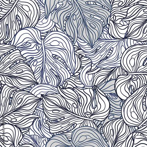 Random blue outline monstera shapes seamless pattern in doodle style. Simple botanical print.