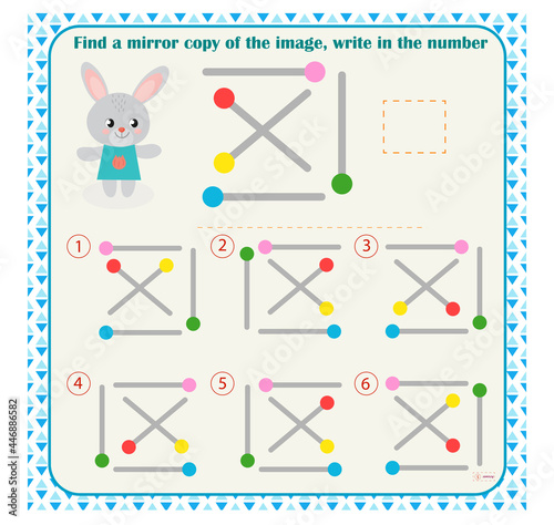  Logic puzzle game for children. Select and write down the number of the correct mirror image of the figure. Development of spatial thinking