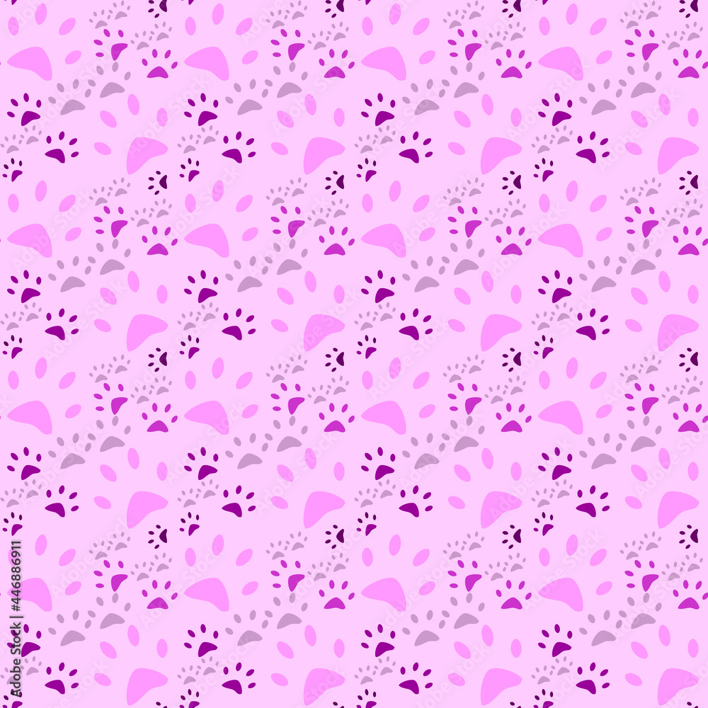 Seamless pastel color cute dog footprints on pink background.