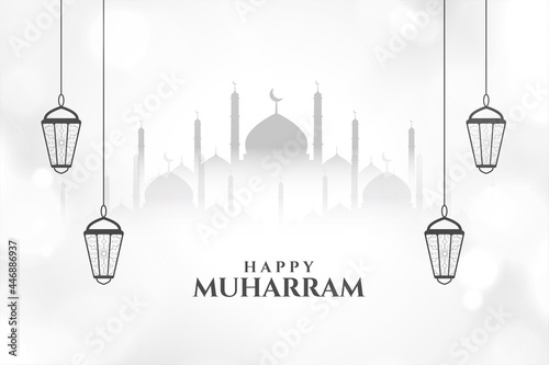 happy muharram islamic card with mosque and lanterns photo
