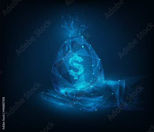 hand with money bag low poly wireframe. isolated on blue dark background. business and finance concept. save money form lines, triangles, dots. vector illustration in fantastic technology.