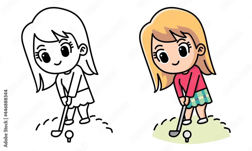 Cute girl playing golf coloring page for kids Stock Vector | Adobe Stock