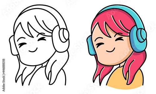 woman listening to music on wireless headphones coloring page for kids