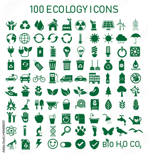 100 ecology recycle icons set on isolated on white background. Environment and sustainable collection sign. Green energy and nature symbols. vector illustration flat design.