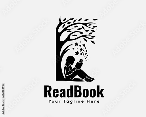 silhouette child reading book under tree reaching dream logo template illustration inspiration