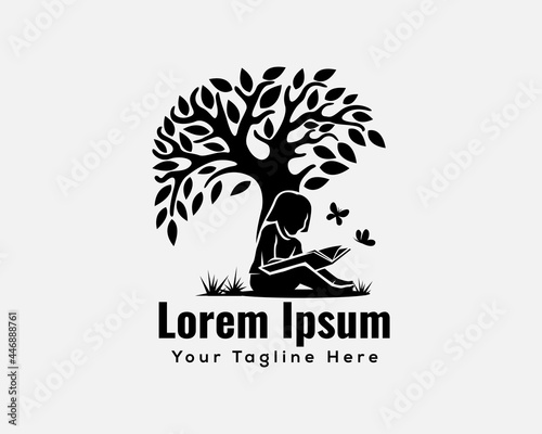 relax women reading book background nature under tree silhouette logo template illustration inspiration