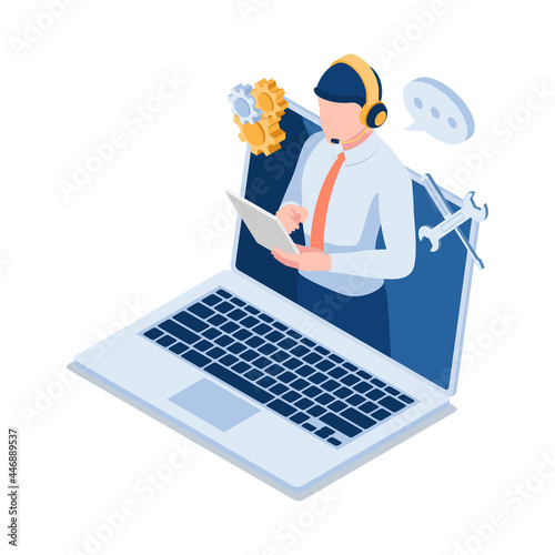 Isometric Male Technical Support Operator Wearting Headset on Laptop Screen photo