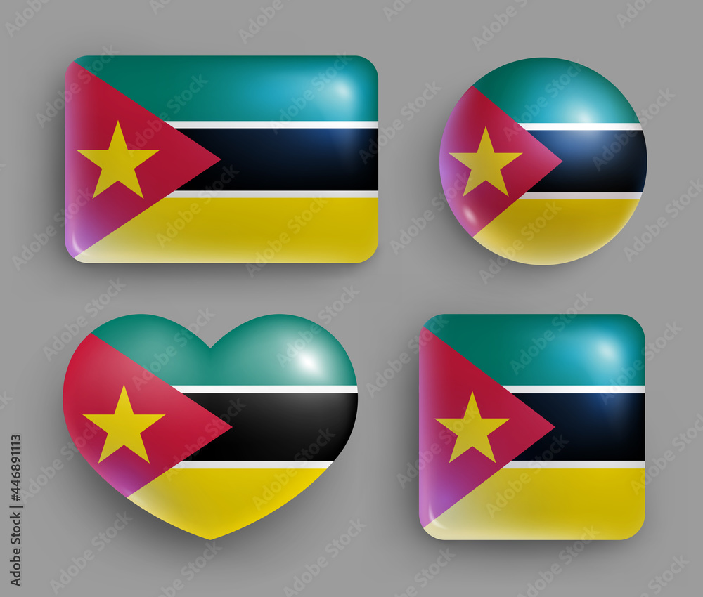 Set of glossy buttons with Mozambique country flag. South Eastern Africa republic national flag, shiny geometric shape badges. Mozambique symbols in patriotic colors realistic vector illustration Set of glossy buttons with Mozambique country flag. South Eastern Africa republic national flag, shiny geometric shape badges. Mozambique symbols in patriotic colors realistic vector illustration
