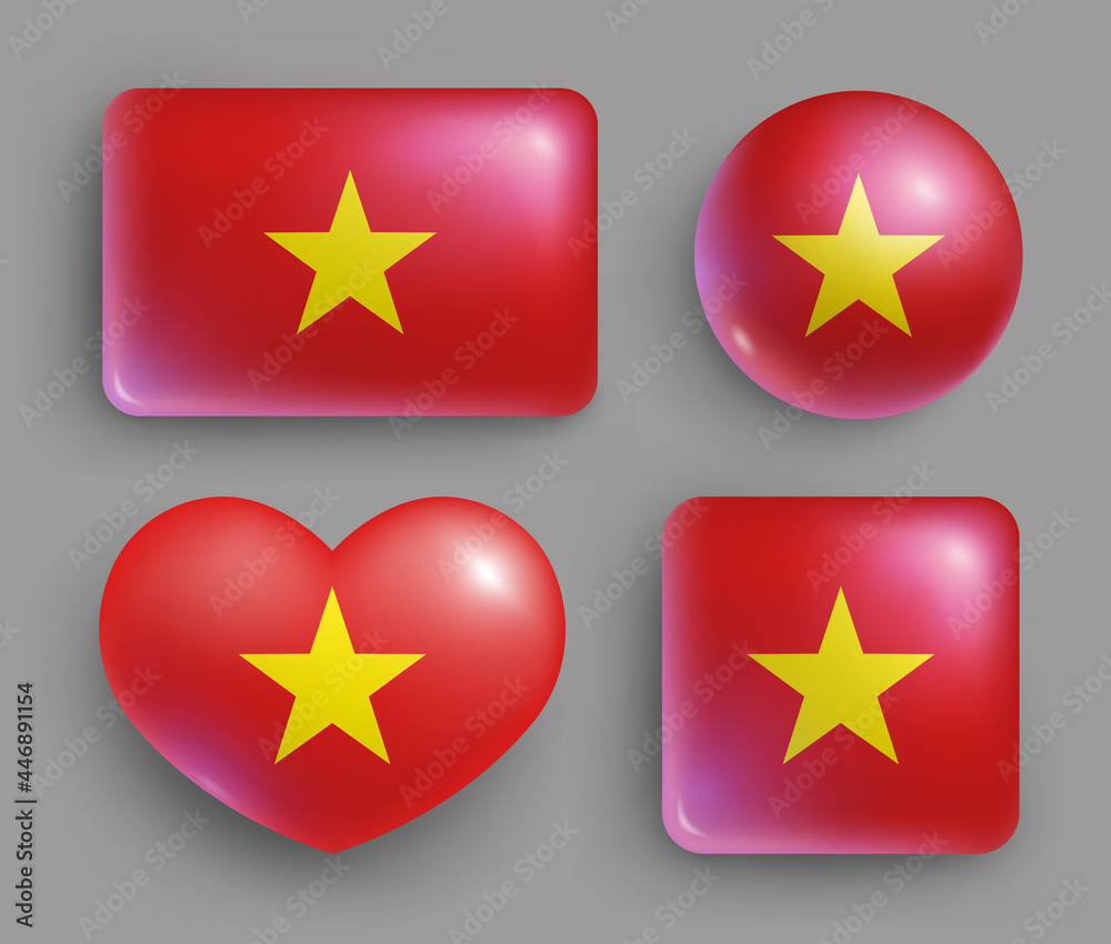 Set of glossy buttons with Vietnam country flag. South East Asia country national flag, shiny geometric shape badges. Vietnam symbol in patriotic colors realistic vector illustration Set of glossy buttons with Vietnam country flag. South East Asia country national flag, shiny geometric shape badges. Vietnam symbol in patriotic colors realistic vector illustration