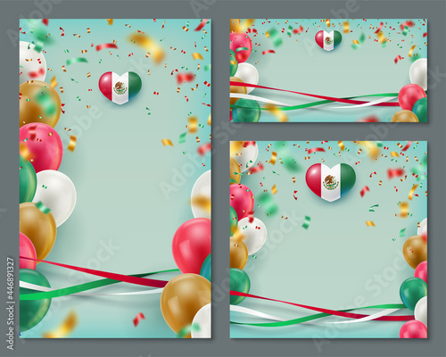 Happy Independence day of Mexico banners cards set. Mexican national patriotic holiday background with glossy inflatable balloons and flying confetti in patriotic colors realistic vector illustration. photo