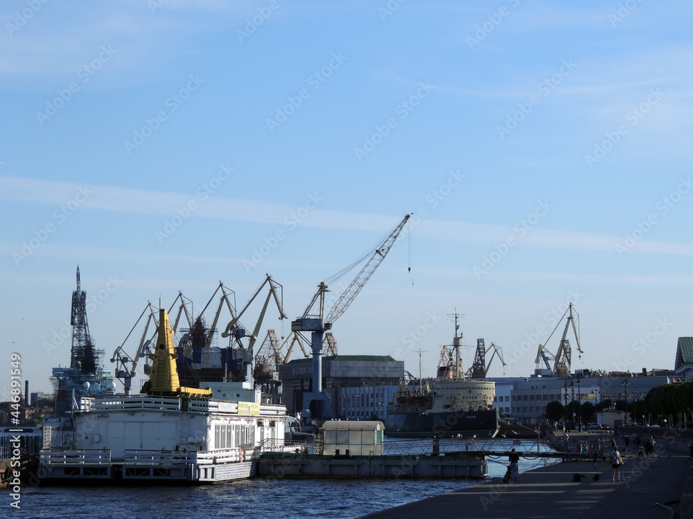 Embankment with a berth for sea vessels on the Neva River in St. Petersburg