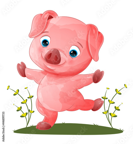 The cute pig is dancing and posing in the garden