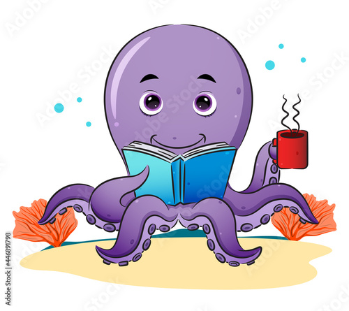 The smart octopus is reading the book and enjoy the coffee