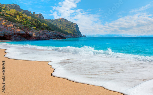 Fototapeta Naklejka Na Ścianę i Meble -  Beach of Cleopatra with sea and rocks of Alanya peninsula - Antalya, Turkey 