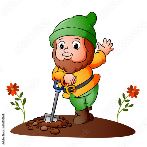 The dwarf is digging the ground and posing with the shovel