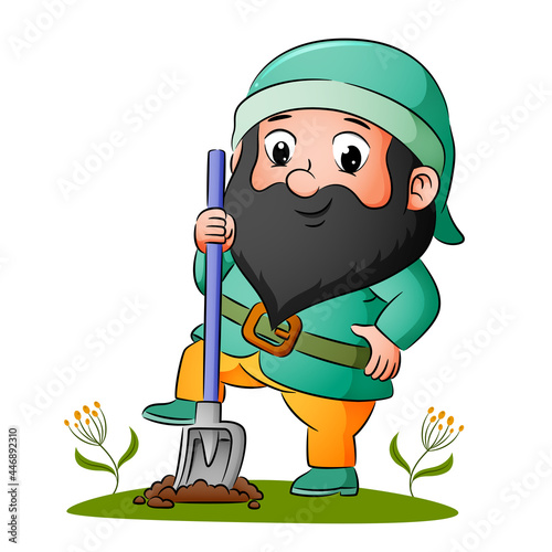 The dwarf is pushing the shovel with the feet for digging the ground