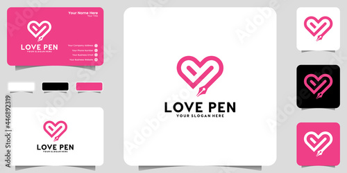 heart and pen logo inspiration template and business card design