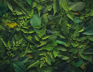 Foliage background with a variety of vibrant plant leaves showing a diverse ecosystem and the biodiversity of nature.