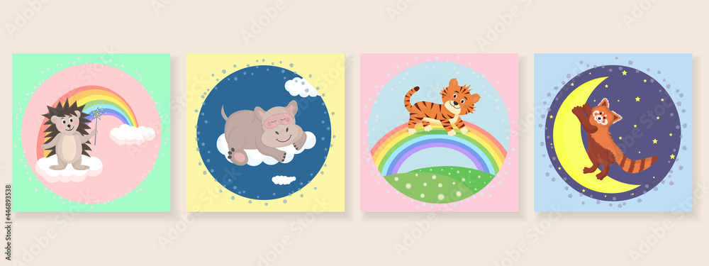 Fototapeta premium Cute posters with little hedgehog, red panda, hippopotamus, tiger. Nursery wall art for baby boy and baby girl. Decoration for baby room, baby shower and greeting card.