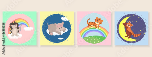Cute posters with little hedgehog, red panda, hippopotamus, tiger. Nursery wall art for baby boy and baby girl. Decoration for baby room, baby shower and greeting card.