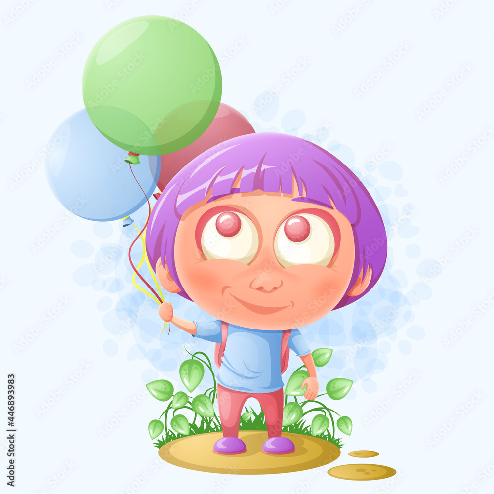 Schoolgirl with balloons. Cartoon illustration.