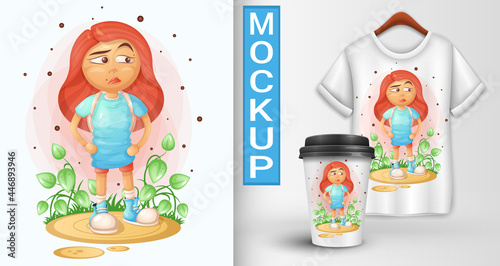 Red-haired schoolgirl. Cartoon illustration.