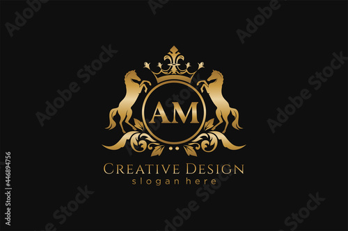 initial AM Retro golden crest with circle and two horses, badge template with scrolls and royal crown - perfect for luxurious branding projects